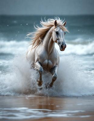Primary subject: A white horse running on the beach.

Setting/background: The beach with waves crashing in the background.

Visual style: The image is a photo of the horse running on the beach.

Colors and mood: The image has a vibrant and energetic atmosphere, with the white horse standing out against the backdrop of the beach and the waves.