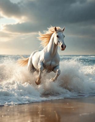 Primary subject: A white horse running through the ocean waves.

Setting/background: The ocean, with waves and water surrounding the horse.

Visual style: The image is a photo of the horse running through the ocean waves.

Colors and mood: The dominant colors are white and blue, with the ocean waves adding a splash of color. The overall atmosphere is energetic and dynamic, as the horse is captured in motion.