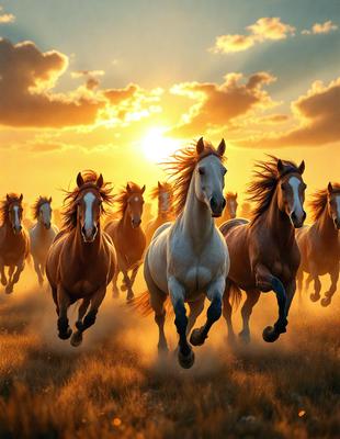 Primary subject: Horses
Setting/background: Sunset
Visual style: Digital art
Colors and mood: Orange, yellow, and white