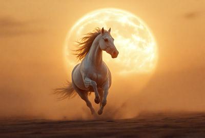 Primary subject: A white horse running on a sandy surface.

Setting/background: The horse is running in front of a sunset, with a sandy beach visible in the background.

Visual style: The image is a photo of the horse running in the sand.

Colors and mood: The dominant colors are orange and yellow, creating a warm and vibrant atmosphere. The mood of the image is energetic and dynamic, as the horse is captured in motion.