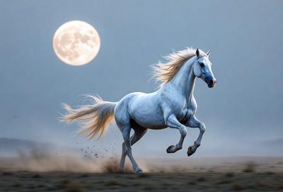 Primary subject: A white horse running in a field.

Setting/background: The horse is running in a field with a moon in the background.

Visual style: The image is a digital art illustration.

Colors and mood: The image has a dark and moody atmosphere, with the white horse as the main focal point.