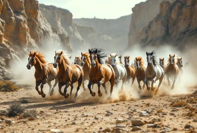 Primary subject: Horses
Setting/background: Dirt road, mountains, and dust
Visual style: Photo
Colors and mood: Brown, orange, and white colors, with a dusty and dynamic atmosphere.