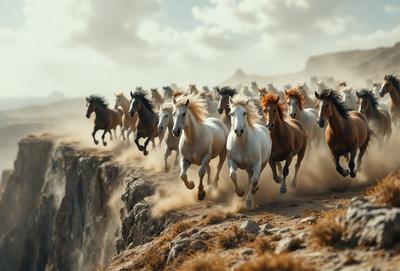 Primary subject: Horses
Setting/background: A rocky hillside
Visual style: Digital art
Colors and mood: The image is in black and white, giving it a dramatic and timeless feel.