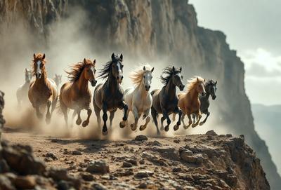 Primary subject: Horses running on a dirt road.

Setting/background: A rocky mountainous area with a dirt road.

Visual style: A photo of the horses running.

Colors and mood: The image is in black and white, giving it a classic and timeless feel. The horses are running with their manes flying, creating a sense of freedom and energy.