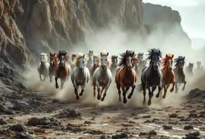 Primary subject: Horses
Setting/background: Dirt road
Visual style: Photo
Colors and mood: Brown and black