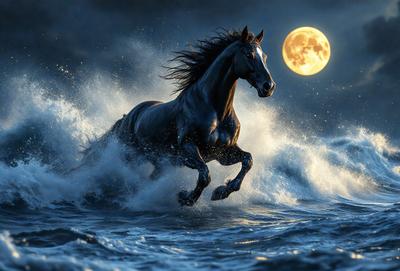 Primary subject: A horse running through the ocean at night.

Setting/background: The ocean at night, with a full moon in the background.

Visual style: The image is a digital artwork.

Colors and mood: The image has a dark and dramatic atmosphere, with the horse and the ocean being the main focus. The full moon adds a sense of mystery and beauty to the scene.