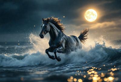 Primary subject: A horse running through the ocean waves.

Setting/background: The ocean with waves and a moon in the background.

Visual style: Digital art.

Colors and mood: The image is in black and white, giving it a classic and timeless feel. The horse and the ocean waves are the main focus, creating a sense of motion and freedom.