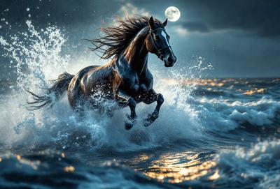 Primary subject: A horse running through the ocean.

Setting/background: The ocean, with waves and a moon visible in the background.

Visual style: Digital art.

Colors and mood: The image is in black and white, giving it a dramatic and moody atmosphere.