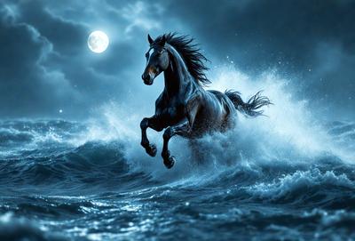Primary subject: A horse running through the ocean.

Setting/background: The ocean, with waves and a nighttime sky.

Visual style: Digital art.

Colors and mood: The image is in black and white, giving it a dramatic and moody atmosphere.