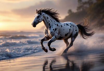 Primary subject: A white and black spotted horse running on the beach.

Setting/background: The beach, with waves crashing and the ocean in the background.

Visual style: The image is a photo of the horse running on the beach.

Colors and mood: The horse is predominantly white with black spots, and the overall atmosphere is energetic and dynamic, as the horse is running freely on the beach.