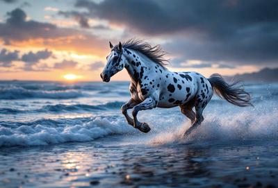 Primary subject: A spotted horse running on the beach.

Setting/background: The beach, with waves and the ocean in the background.

Visual style: The image is a photo of the horse running on the beach.

Colors and mood: The horse is black and white, and the overall atmosphere is energetic and dynamic.