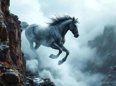 Primary subject: A horse jumping over a cliff.

Setting/background: The horse is jumping over a cliff, with a rocky mountain in the background.

Visual style: The image is a digital art illustration.

Colors and mood: The image has a dramatic and adventurous mood, with the horse and the mountainous background in shades of gray and black.