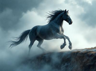 Primary subject: A horse running on a hill.

Setting/background: The horse is running on a hill with a cloudy sky in the background.

Visual style: The image is a digital art or illustration of a horse running on a hill.

Colors and mood: The image has a blue and white color scheme, giving it a calm and serene atmosphere.