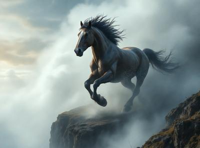 Primary subject: A horse running on a hill.

Setting/background: The horse is running on a grassy hill, with a cloudy sky in the background.

Visual style: The image is a digital art illustration of a horse running on a hill.

Colors and mood: The image has a vibrant and dynamic color palette, with the horse's body being brown and white, and the sky being cloudy and blue. The overall atmosphere is energetic and lively.