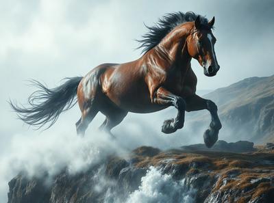 Primary subject: A brown horse running on a hill.

Setting/background: The horse is running on a grassy hill, with a mountain in the background.

Visual style: The image is a digital art illustration of a horse running on a hill.

Colors and mood: The image has a vibrant and dynamic color palette, with the brown horse as the main focus, and the green grass and blue sky in the background creating a sense of movement and energy.