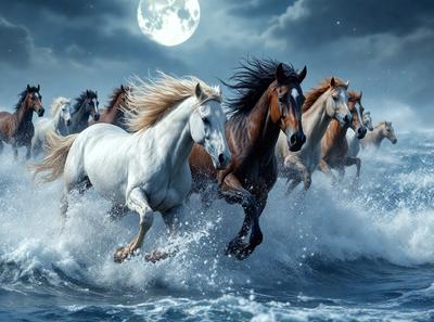 Primary subject: Horses running through water
Setting/background: Ocean with waves
Visual style: Digital art
Colors and mood: Blue and white, with a sense of motion and energy