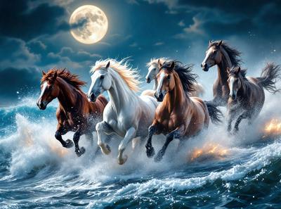 Primary subject: Horses running through the ocean at night.

Setting/background: The ocean at night with a full moon in the background.

Visual style: Digital art.

Colors and mood: The image is in black and white, giving it a dramatic and moody atmosphere.