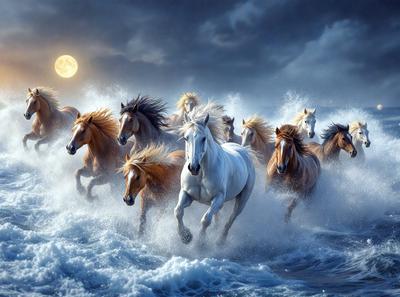 Primary subject: A group of white horses running through the ocean.

Setting/background: The ocean, with waves and a night sky visible in the background.

Visual style: Digital art.

Colors and mood: The image is in black and white, giving it a dramatic and timeless feel. The white horses contrast against the dark ocean and night sky, creating a sense of motion and energy.