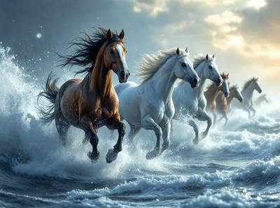 Primary subject: Horses running through the water.
Setting/background: Ocean waves.
Visual style: Digital art.
Colors and mood: The image is in black and white, giving it a classic and timeless feel.