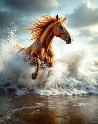 Primary subject: A brown horse with long blonde hair running through the ocean waves.

Setting/background: The ocean, with waves and water surrounding the horse.

Visual style: The image is a digital artwork, featuring a horse in motion.

Colors and mood: The dominant colors are blue and white, with the ocean waves adding a sense of motion and energy to the scene. The overall atmosphere is dynamic and energetic.