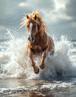 Primary subject: A brown horse with blonde hair running through the ocean.

Setting/background: The ocean, with waves and water splashing around the horse.

Visual style: The image is a photo of the horse running through the ocean.

Colors and mood: The dominant colors are blue and white, with the ocean water and the horse's blonde mane. The overall atmosphere is energetic and dynamic, as the horse is running through the water.