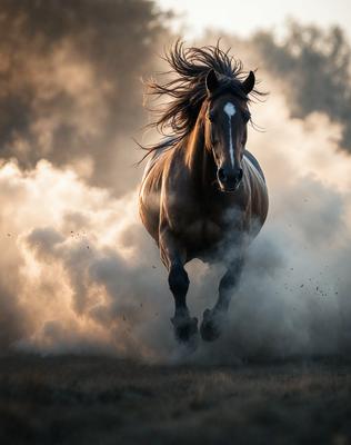 The primary subject of the image is a brown horse running through a field of smoke. The setting is an outdoor environment with a backdrop of smoke, which adds a dramatic and mysterious atmosphere to the scene. The visual style of the image is a photo, capturing the horse in motion and the smoke surrounding it. The colors in the image are predominantly brown and white, with the smoke adding a contrasting element to the overall mood.