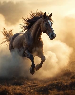Primary subject: A brown horse running through a field of dust.

Setting/background: The horse is running through a field of dust, which is likely a dry grass field.

Visual style: The image is a photo of the horse running through the field.

Colors and mood: The dominant colors in the image are brown and yellow, with a dusty and dry atmosphere.