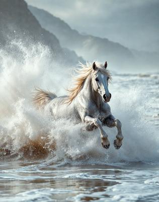 Primary subject: A white horse with blonde hair running through the ocean waves.

Setting/background: The ocean, with waves and water surrounding the horse.

Visual style: The image is a photo of the horse in motion.

Colors and mood: The dominant colors are white and blue, with the ocean waves adding a splash of color. The overall atmosphere is energetic and dynamic, as the horse is running through the waves.