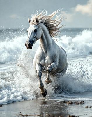 Primary subject: A white horse running through the ocean waves.

Setting/background: The ocean, with waves crashing around the horse.

Visual style: The image is a photo of the horse running through the ocean waves.

Colors and mood: The image has a vibrant and dynamic color palette, with the white horse contrasting against the blue ocean and the waves. The overall atmosphere is energetic and captivating.