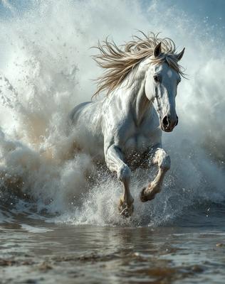 The primary subject of the image is a white horse running through the ocean waves. The horse is captured in mid-stride, with its mane flowing in the wind. The setting is the ocean, with waves surrounding the horse. The visual style is a photo, capturing the horse in its natural environment. The colors and mood of the image are dynamic and energetic, with the white horse standing out against the blue ocean and the waves.