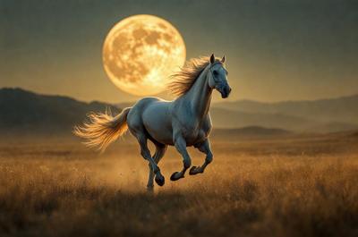 Primary subject: A white horse running in a field at sunset.

Setting/background: The horse is running in a field with mountains in the background. The sun is setting, creating a beautiful and serene atmosphere.

Visual style: The image is a photo of the horse running in the field.

Colors and mood: The dominant colors are orange, yellow, and red from the sunset, creating a warm and inviting mood.