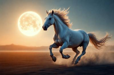 Primary subject: A white horse running in a field.

Setting/background: The horse is running in a field with a moon in the background.

Visual style: The image is a digital art illustration.

Colors and mood: The image has a warm and serene atmosphere, with the white horse and the moon creating a sense of tranquility.