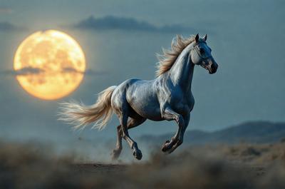 Primary subject: A white horse running in the dirt.

Setting/background: The horse is running in a dirt field, with a moon in the background.

Visual style: The image is a photo of the horse running in the dirt.

Colors and mood: The image has a black and white color scheme, giving it a classic and timeless feel. The horse's white fur contrasts with the darker dirt and sky, creating a sense of motion and energy.