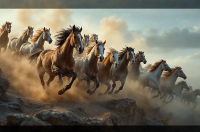 Primary subject: Horses
Setting/background: Dirt and sand
Visual style: Photo
Colors and mood: Brown and white, dusty and energetic