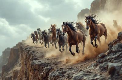 Primary subject: Horses running on a dirt hill.
Setting/background: A dirt hill with a rocky surface.
Visual style: A photo of the horses running.
Colors and mood: The image is in black and white, giving it a classic and timeless feel.