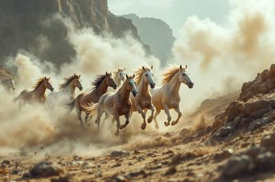 Primary subject: Horses
Setting/background: Dirt and rocky terrain
Visual style: Photo
Colors and mood: Brown and dusty