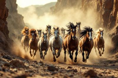 Primary subject: Horses running on a dirt road.

Setting/background: A dirt road with a mountain in the background.

Visual style: A photo of the horses running.

Colors and mood: The image is in black and white, giving it a classic and timeless feel. The horses are running with their manes flying, creating a sense of freedom and energy.