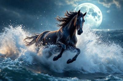 Primary subject: A horse running through the ocean waves.

Setting/background: The ocean with waves and a moon in the background.

Visual style: The image is a digital artwork.

Colors and mood: The image has a dark and dramatic mood, with the horse and the ocean waves being the main focus.