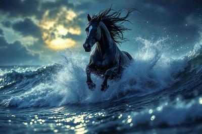 Primary subject: A horse running through the ocean waves.

Setting/background: The ocean with waves and a cloudy sky.

Visual style: The image is a digital artwork.

Colors and mood: The image has a blue and white color scheme, with the horse and ocean waves being the main focus. The overall atmosphere is dynamic and energetic, as the horse is running through the waves.