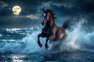 Primary subject: A horse running through the ocean.

Setting/background: The ocean with waves and a dark sky.

Visual style: The image is a digital artwork.

Colors and mood: The image has a dark and dramatic atmosphere, with the horse and the ocean being the main focus.