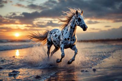 Primary subject: A white and black spotted horse running on the beach.

Setting/background: The beach, with the ocean in the background.

Visual style: The image is a photo of the horse running on the beach.

Colors and mood: The horse is predominantly white with black spots, and the overall atmosphere is energetic and dynamic.