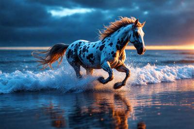 Primary subject: A white and black spotted horse running through the ocean waves.

Setting/background: The ocean, with waves and a sunset in the background.

Visual style: The image is a digital artwork, featuring a horse running through the ocean waves.

Colors and mood: The dominant colors are blue, white, and black, with a warm and serene atmosphere created by the sunset in the background.