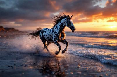Primary subject: A black and white spotted horse running on the beach.

Setting/background: The beach, with waves and a sunset in the background.

Visual style: The image is a photo of the horse running on the beach.

Colors and mood: The dominant colors are black, white, and shades of orange and blue from the sunset. The overall atmosphere is energetic and dynamic, as the horse is captured in motion.