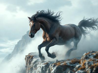Primary subject: A brown horse running on a rocky hillside.

Setting/background: The horse is running on a rocky hillside, with a mountain in the background.

Visual style: The image is a digital art illustration of a horse running on a rocky hillside.

Colors and mood: The image has a vibrant and dynamic color palette, with the brown horse as the main focus, and the mountain in the background providing a sense of depth and scale.