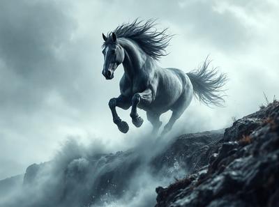 Primary subject: A horse running on a rocky hillside.

Setting/background: The horse is running on a rocky hillside, with a cloudy sky in the background.

Visual style: The image is a digital art or illustration of a horse running on a rocky hillside.

Colors and mood: The image has a dark and dramatic atmosphere, with the horse and the rocky hillside being the main focus.