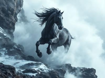 Primary subject: A horse with long hair, flying through the air.

Setting/background: The horse is flying through the air, with a rocky mountain in the background.

Visual style: The image is a digital artwork, featuring a horse with long hair and a dramatic scene.

Colors and mood: The image has a dramatic and dynamic mood, with the horse's long hair and the rocky mountain creating a sense of motion and power.