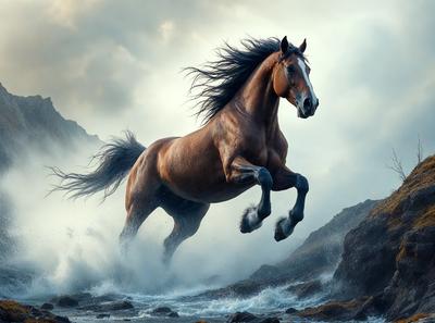 Primary subject: A brown horse with a flowing mane, galloping through the water.

Setting/background: The horse is galloping through a body of water, which could be a lake, river, or ocean. The water is splashing around the horse as it runs.

Visual style: The image is a digital art or illustration, featuring a detailed and realistic representation of the horse and its surroundings.

Colors and mood: The image has a vibrant and dynamic