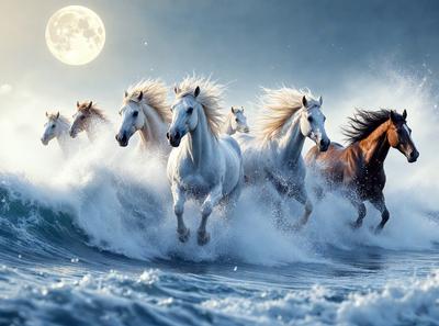 Primary subject: A group of white horses running through the ocean.

Setting/background: The ocean, with a full moon visible in the background.

Visual style: The image is a digital artwork featuring a group of white horses running through the ocean.

Colors and mood: The image has a blue and white color scheme, with the white horses and the blue ocean creating a serene and peaceful atmosphere.