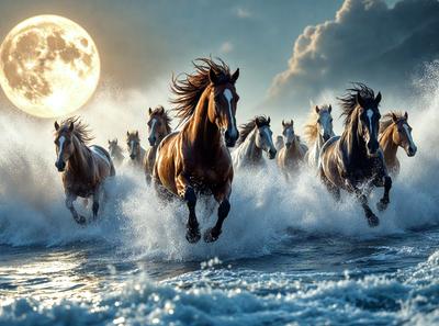Primary subject: Horses running through water
Setting/background: Ocean, with a full moon in the background
Visual style: Digital art
Colors and mood: The image is in black and white, giving it a dramatic and timeless feel.