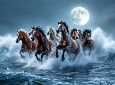 Primary subject: Horses running through the ocean.
Setting/background: The ocean at night with a full moon.
Visual style: Digital art.
Colors and mood: The image is in black and white, giving it a dramatic and moody atmosphere.